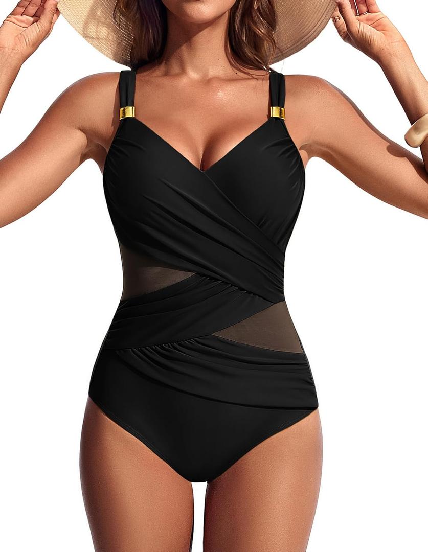 Hanna Nikole Womens One Piece Swimsuit, Tummy Control Wrap Bathing Suit Swim, Modest Ruched V Neck Mesh Swimwear (X-Large, Black)