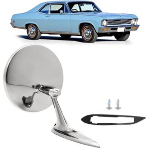 HECASA Round Bowtie Outside Rearview Mirror Ribbed Base Compatible with 1963-1965 Chevy Chevrolet Impala/Corvair/Nova/Chevelle/El Camino Steel+Glass View Mirror Clear+Silvery