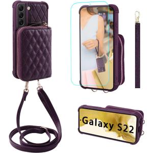 MONASAY Zipper Wallet Case Fit for Galaxy S22 5G 6.1in, [Screen Protector ][RFID Blocking] Flip Leather Handbag Phone Cover with Card Holder Crossbody Shoulder Lanyard Strap, Purple