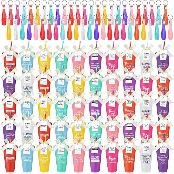 Tioncy 50 Sets Employee Appreciation Cups 24oz Plastic Thank You Tumblers with Lids Straws Keychains Cards Staff Bulk Thank You Gifts for Teacher Nurses Graduation Gifts(Classic)