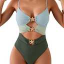 Eomenie One Piece Swimsuit for Women Cutout Monokini Sexy Bathing Suit Metal Swim Suit, Color: Grey Blue and Green, Size Large