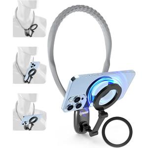 IPOW Magnetic Neck Mount for Phones, Neck Cell Phone Holder POV/Vlog Selfie Mount Hand Free Phone Neck Holder Chest Stand Strap Video Recording for iPhone 16 15 14 13 12 Seires, Grey