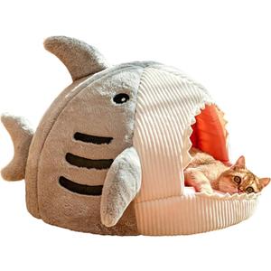 QWINEE Cat Mat Shark-Shaped Kennel Kitten Bed Hideout House Warm Soft Comfortable Semi-Closed Cat Dog Nest Grey Large