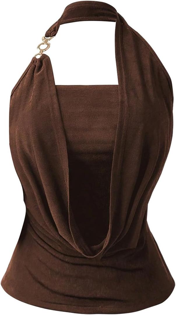 Women's Plus Size Draped Halter Tops Backless Sleeveless Fitted Elegant Top Night Out Clothes (Brown, XL)