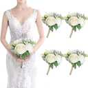 Bridesmaid Bouquets - Set of 4 Ivory White Artificial Flowers Bouquet Wedding Rustic Small Floral Centerpieces for Marriage Proposal Party Anniversary Dining Table Decorations