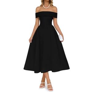 Wenrine Womens 2026 Summer Cocktail Dresses Off Shoulder Short Sleeve Swing A Line Elegant Wedding Evening Party Midi Dress Black XL