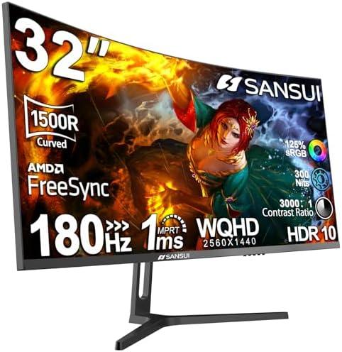 SANSUI 32-Inch Curved Gaming Monitor WQHD 2560 x 1440 180Hz Curved 1500R -1ms(OD), HDR, 300nits, sRGB 125%, DCI-P3 95%, FreeSync, HDMI x2, DP1.2x2(ES-G32C3 DP Cable Included)