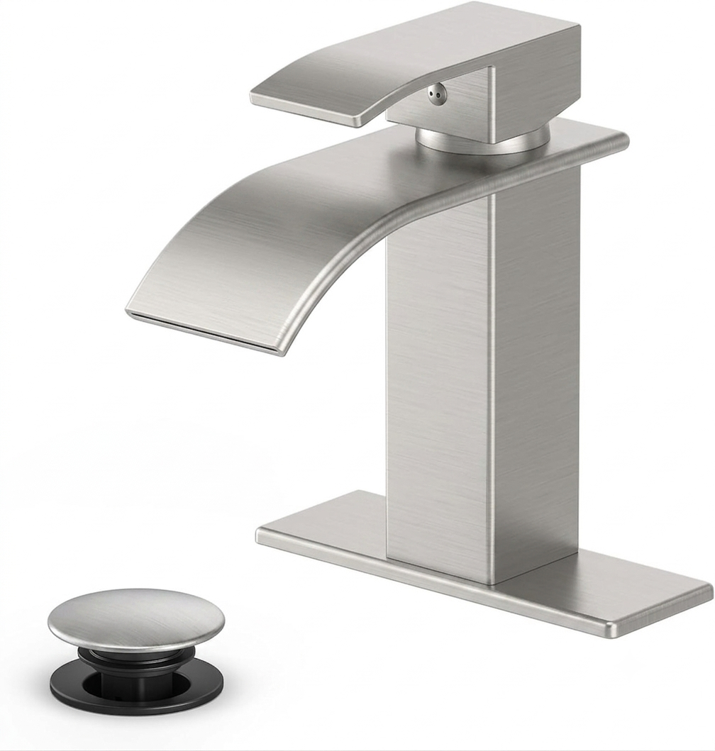 Ryuwanku Bathroom Faucet Brushed Gold Modern Waterfall Bathroom Sink Faucet with Single Handle Suitable for 1 or 3 Holes,Supply Deck Plate and Hose