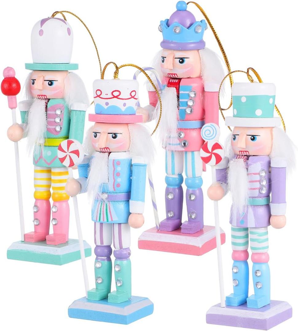 Amosfun 4pcs Wooden Nutcrackers Ornaments - 12cm Tall Soldier Nutcracker Figurines Pastel Nutcracker Tree Hanging Ornament