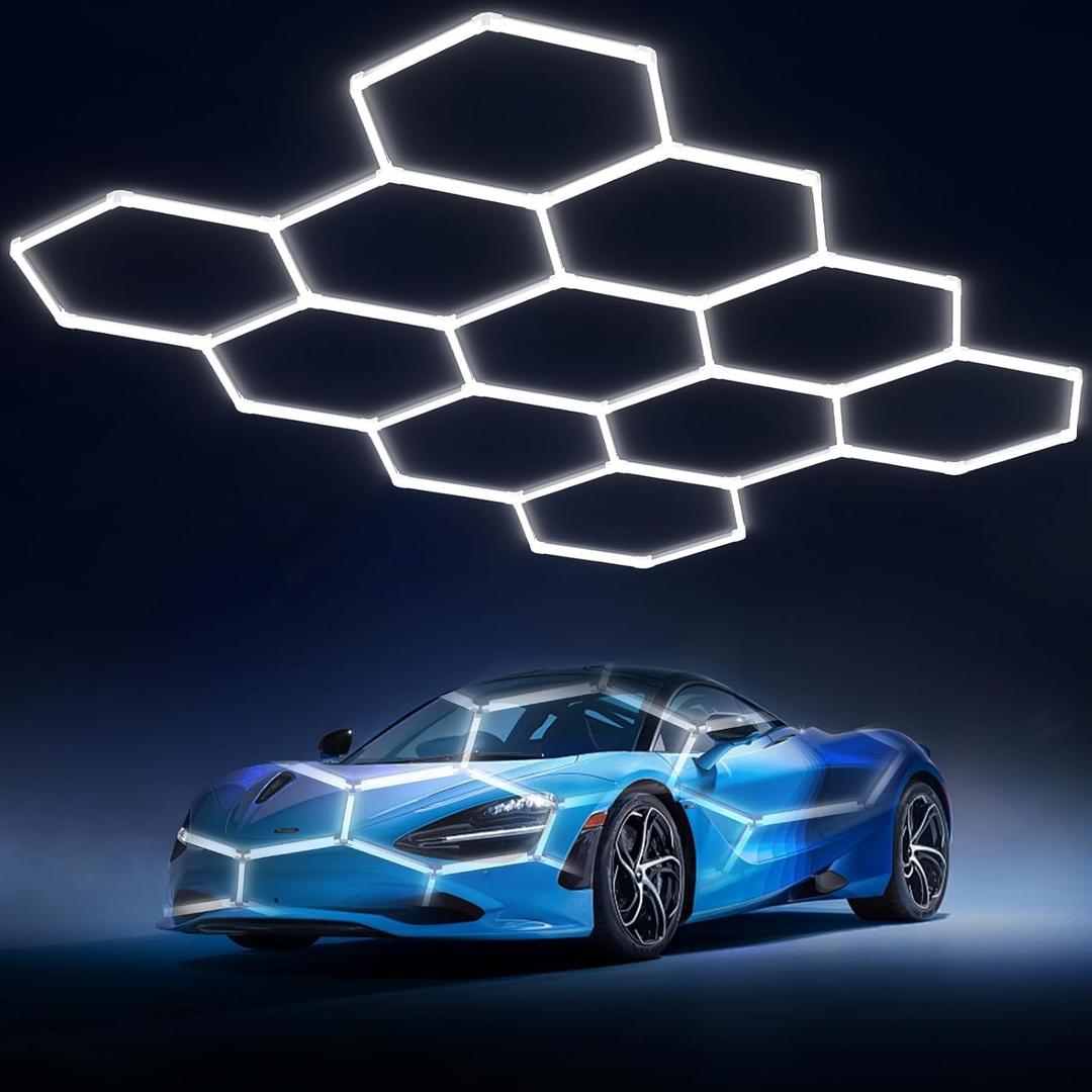 Hexagon Garage Lights: 322W 11 Grids Hexagon LED Lights - Easy Install 6500K Super Bright Honeycomb Lights Ceiling for Garage, Warehouse, Car Detailing Shop, Exhibition Hall, Gym