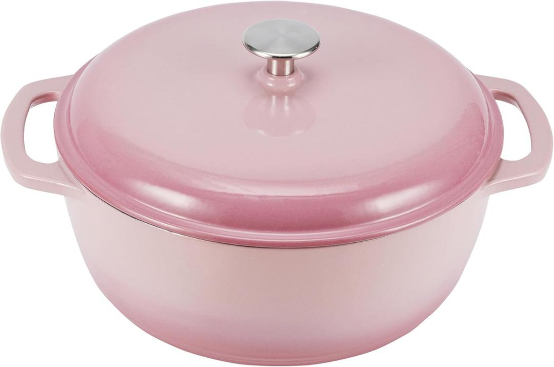 Amazon Basics Enameled Cast Iron Dutch Oven Pot with Lid, Round, Dual Handles, Heavy-Duty, Oven Safe for Stews, Roasting, Baking, 6-Quart, Light Pink