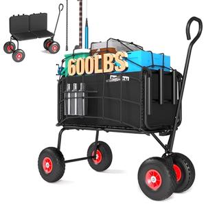 3 in 1 Beach Fishing Cart, Heavy Duty Garden Carts w/All Terrain Inflatable Tires, Folding Wagon Cart, Convert to Chair or Bench with Cushion, Rod Holders and Durable Oxford Bag Blue