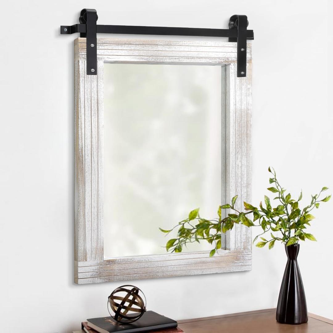 AAZZKANG Wall Mirrors Rustic Barn Door Mirror Large 26"x18" with Wood Framed Rectangle Decorative for Bedroom Bathroom Living Room Entryway Home Decor White