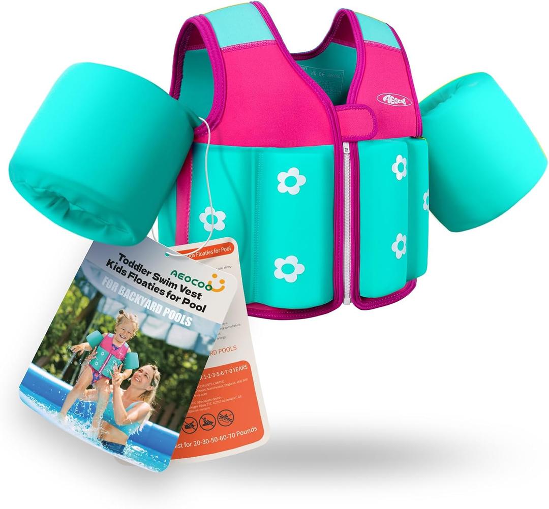 AEOCOO Toddler Swim Vest 20-30-50-70 Pounds, Kids Pool Floaties for 1-2-3-5-7-9 Years Old, Comfortable Wear Bright Float Jacket with Water Ring, Unpadded Sides for Arm Comfort, Boys, Girls, niños