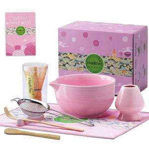 Clay&Fire Matcha Whisk Set, 9 pcs Ceramic Matcha Set, Gifts for Women,Matcha Bowl with Spout and Whisk, Matcha Kit for Matcha Lovers, Ideal Gift Christmas, Birthday, Anniversary (Pink)