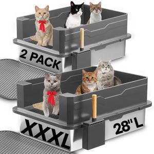 2-Pack XXXL Stainless Steel Cat Litter Box Extra Large 28" L x 20" W with High Sides & Lid, Non-Stick, No Odor, Leak-Proof Metal Boxes for Large & Multiple Cats, Easy to Clean