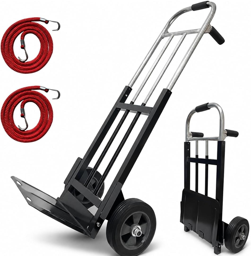 800 LB Dolly Cart,Heavy Duty Folding Hand Truck Dolly | 8" Solid Rubber Wheels, 2*Bungee Cords, Compact Foldable Alloy SteelDesign for Warehouses, Homes, Offices, andSmall Business