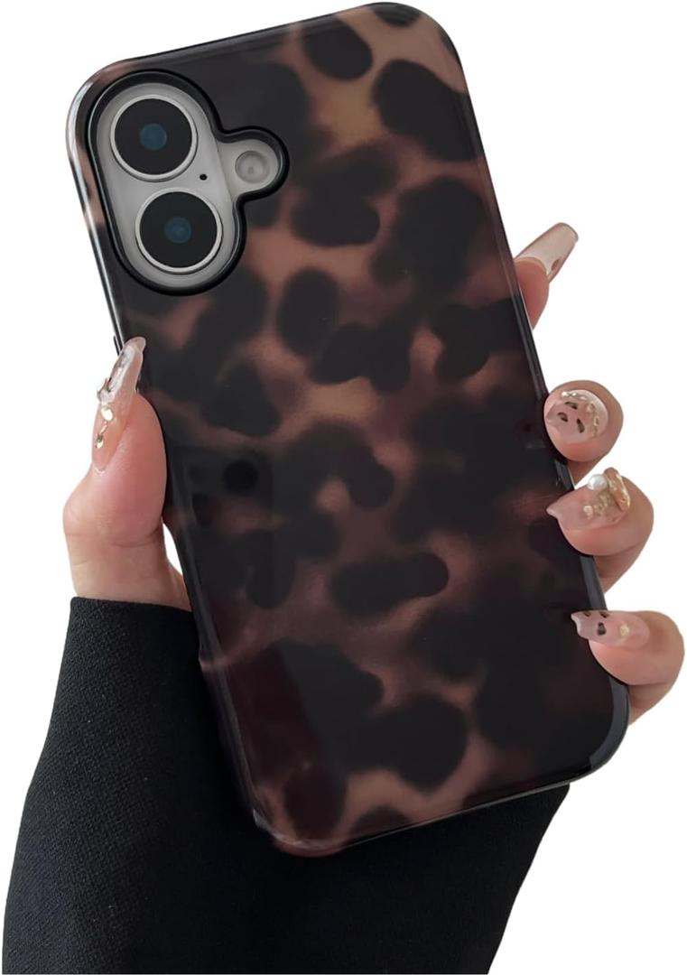 Longlayss Compatible with iPhone 16 Plus Case Tortoise Shell Phone Case for Women Girl Shockproof TPU and Hard PC Protective Cover - Amber Brown Leopard