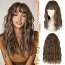 BARSDAR Medium Length Brown Blonde Wig With Bangs - 18 Inch Wavy Brown Blonde Highlight Wig With Bangs for Women, Curly Wavy Synthetic Shoulder Length Wigs Daily Party Halloween