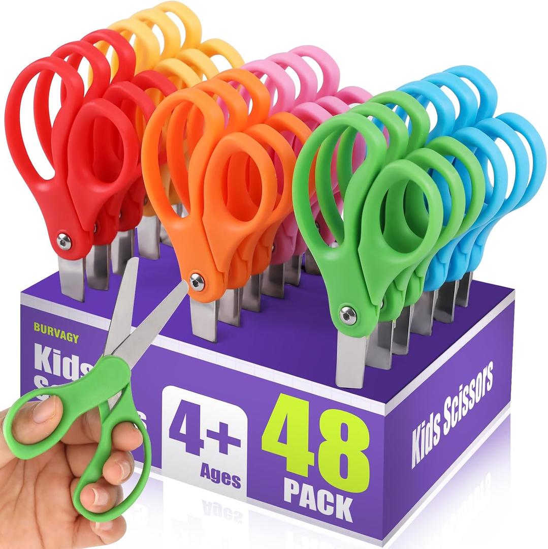 BURVAGY 48 Packs 5" Small School Student Blunt Tip Craft Kids Scissors, Stainless Steel Blades Comfort Grip 5 Inch Safety Scissors Bulk for Children Toodler Cutting Paper