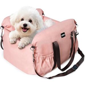 Dog Booster Car Seat for Small Dogs with Heavy Duty Safety Belt and Lock, Waterproof Detachable Dog Travel Bed for Car with Storage Pocket Up to 25lbs, Memory Foam Filling for Max Support