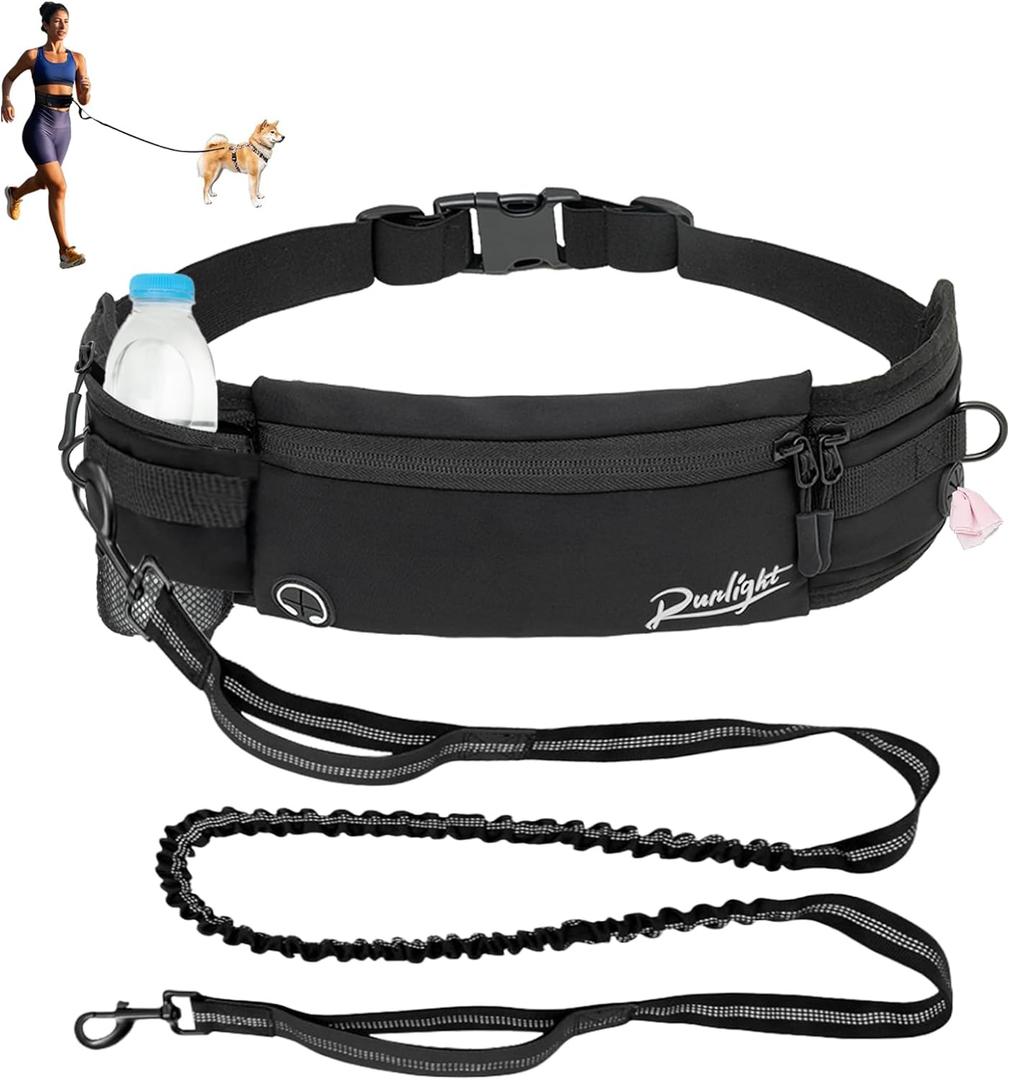 Hands Free Dog Leash, Waist Running Leash with Zipper,Dual Padded Handles and Durable Bungee Walking Pouch for Medium Small Dogs for Training Jogging Hiking Black (B Black)