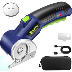 Electric Box Cutter: 4V Rechargeable Rotary Cardboard Cutter, 3000mAh Battery, with LED Light & Safety Lock, 2 Blades, Cordless Electric Scissors for Fabric Carpet Carton Plastic Leather Cloth (Blue)