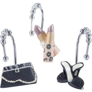 Haute Shower Curtain Hooks for Women Girls Bathroom, Rustproof Black Pink Shower Hooks for Shower Curtain, 5 Roller Ring Balls Decorative Shower Curtain Hooks, Modern Fashion Curtain Hooks, Set of 12