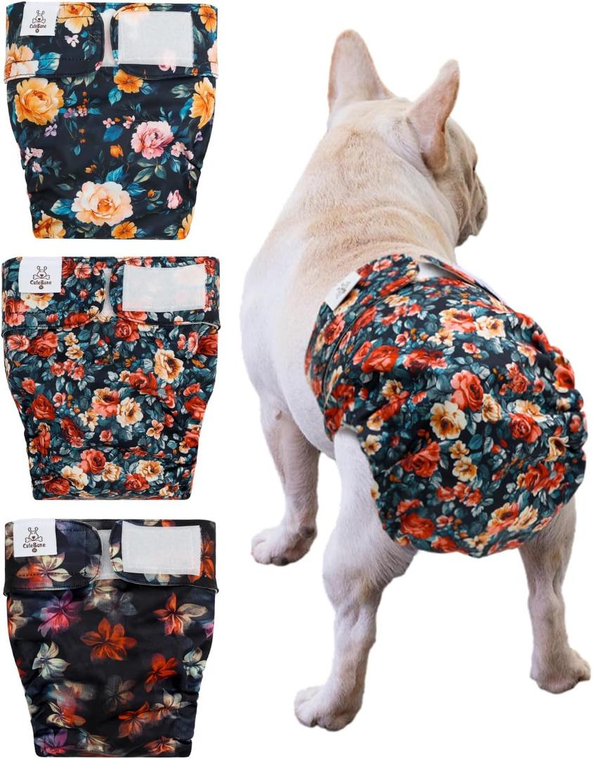 CuteBone Washable Dog Diapers Female No Tail Hole 3 Pack Reusable Doggie Period Training Pants for Docked-Tail Frenchie French Bulldog Boston Terrier Without Tail WWD33M