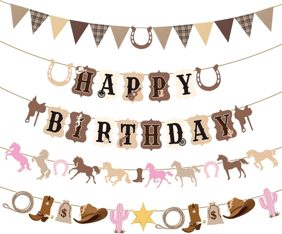 Cowgirl Birthday Party Decorations, 5 Pcs Pre-strung Horse Birthday Banners for Girls, Western Birthday Decorations for Girl and Women