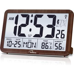 WallarGe Atomic Wall Clock with Backlight, Digital Wall Clock Battery Operated for Classroom, Bedroom, Office, Large Display with Indoor Temperature, Humidity, Date, AUTO DST, 6 Time Zones