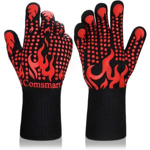 Comsmart BBQ Gloves, 1472 Degree F Heat Resistant Grilling Gloves Silicone Non-Slip Oven Gloves Long Kitchen Gloves for Barbecue, Cooking, Baking, Cutting (short, Red)