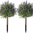 23.6" Artificial Lavender with Boxwood Topiary Ball, 2 Pack UV Resistant Artificial Shrubswith Ground Spikes, Indoor and Outdoor Fake Evergreen Tree for Porch, Garden, Front Door Decoration