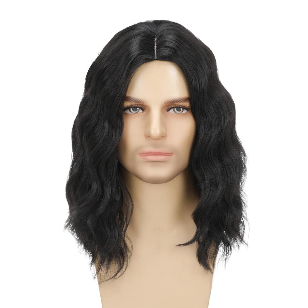 Sabosi Men's Wig Black Long Curly Natural Hair Wig Costume Halloween Cospaly Party Wigs