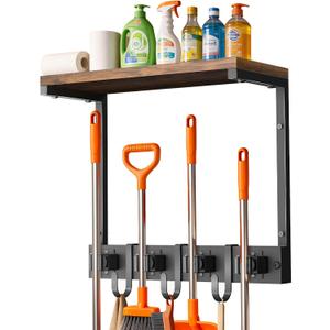 Supforce Broom Holder Wall Mount with Top Wooden Shelf, Heavy Duty Metal Cleaning Supplies Broom Hanger with 4 Slots & 3 Hooks for Laundry Garage Tool Storage Kitchen (Small)