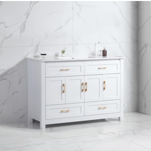 KEIKI 48" 4 Soft Closing Doors & 4 Drawers, Modern Freestanding Bathroom Storage Cabinet, Solid Wood Frame, White