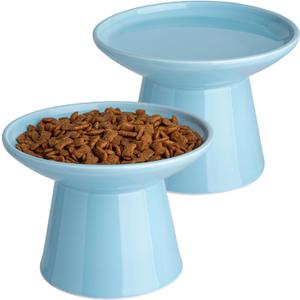 6.2 Inch Extra Wide Elevated Ceramic Cat Bowls, Food and Water Bowl Set for Elder Big Cats Small Dogs, Raised Design for Pet Easy Eating, Protect Cat's Spine Set of 2(Blue)