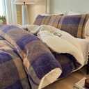 Cyusri Plaid Sherpa Comforter Set 3Pcs Fluffy Warm Fleece Down Alternative, Khaki Blue Grid Pattern Bedding Set with 2 Pillowcases, Queen Size 90"x90"