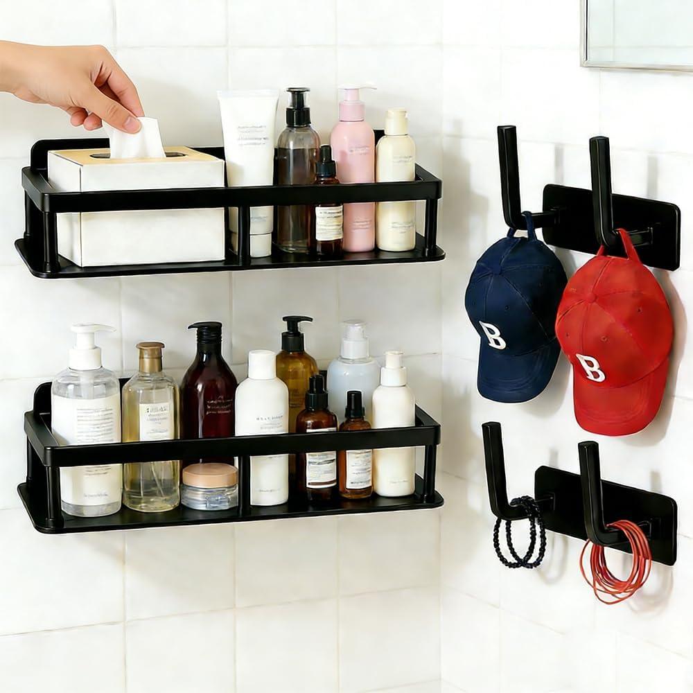 2pc Wall Mounted Floating Shelf, Detachable Storage Rack, No Drill Shelves for Wall, Floating Shelves Damage-Free Expand Walls Space for Living Room Kitchen Bathroom (4, Black)