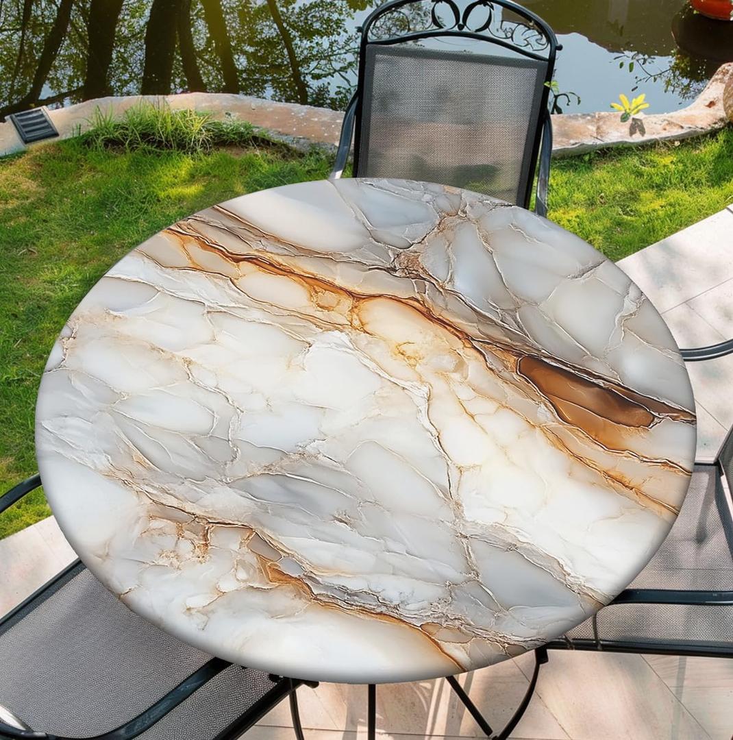 60 Inch Marble Round Tablecloth Elastic Tablecloths Fitted Indoor Outdoor Round Table Cover Washable Reusable Tablecover for Kitchen Picnic Party
