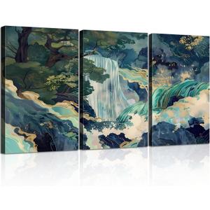 3Pcs Framed Japanese Canvas Wall art Painting Large Waterfall Scenery Poster Print Wrap Canvas Artwork Nature Scenery Abstract Blue Waterfall Zen Art Print Living Room Bedroom Office Decor 12x16 Inch
