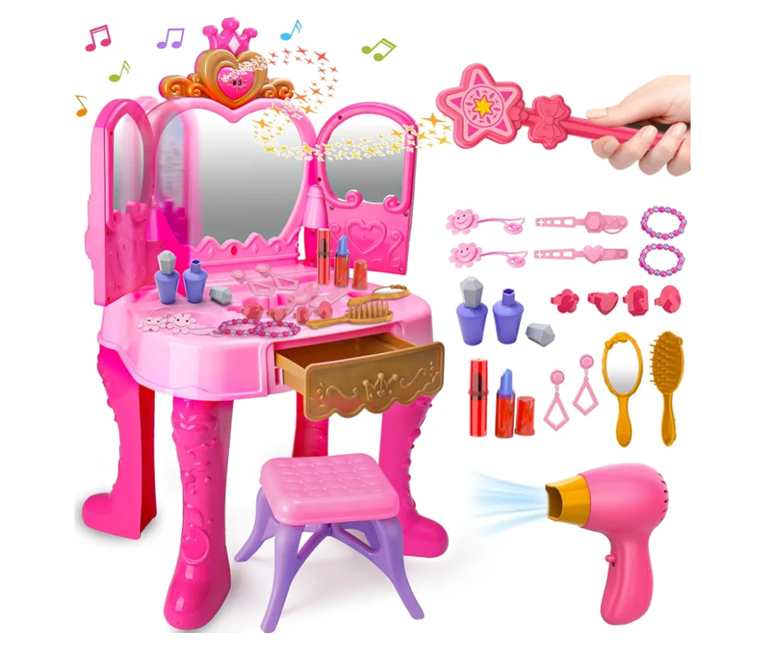 Toddler Vanity Magic Makeup Set Table & Chair Girl Toy Automatically Mirror with Music Light Pink Toys for 2 3 4 Year Old Girl Hair Salon Pretend Play Princess Dress Up Playset Valentine Gift Age 3-5