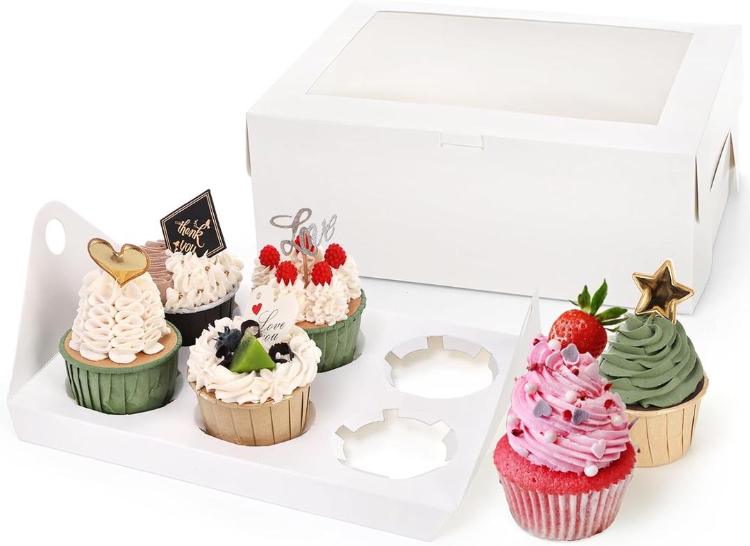 Yesland 30 Pack White Jumbo Cupcake Boxes, 6 Cupcake Containers with Windows, Handle Tray and Inserts, 10 x 6.8 x 4inch Tall Paper Cupcake Holder Carrier for Muffins, Standard or High Creams Cupcakes