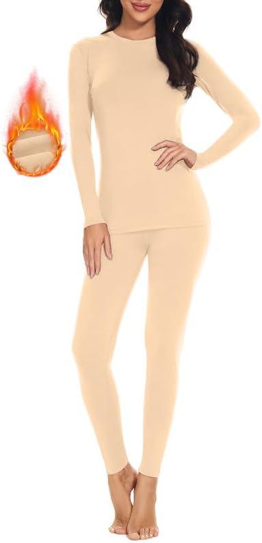 SIMIYA Thermal Underwear Set for Women Long Johns with Fleece Lined Long Sleeves Base Layer Set Top Bottom (Medium, Nude)