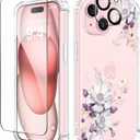 GVIEWIN for iPhone 15 Plus Case, [3 in 1] with Screen Protector & Camera Lens Protector, Clear Soft Shockproof Slim Fit Floral Phone Cover for Women Girls 2023 6.7" (Aster/Purple)