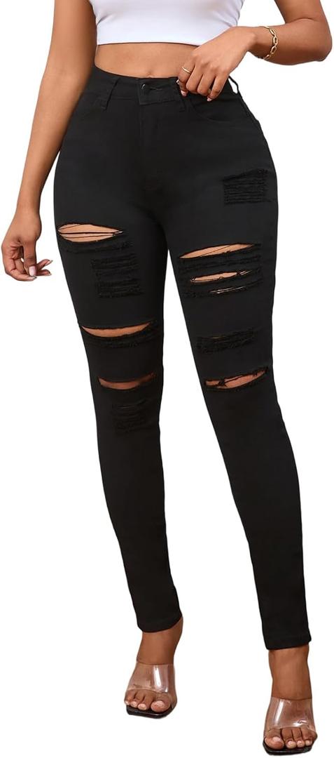 LONGBIDA Skinny Ripped Jeans for Women High Waisted Stretch Butt Lifting Jeans Slim Fit Distressed Denim Pants Jeggings Jeans (XL)