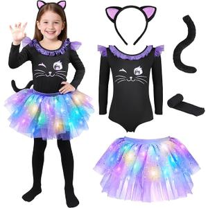 GIFTINBOX Cat Costume for Girls, Light Up Black Cat Costume, Halloween Animal Up Costumes for Kids Age 3-8, L, (Only Tail and Skirt )