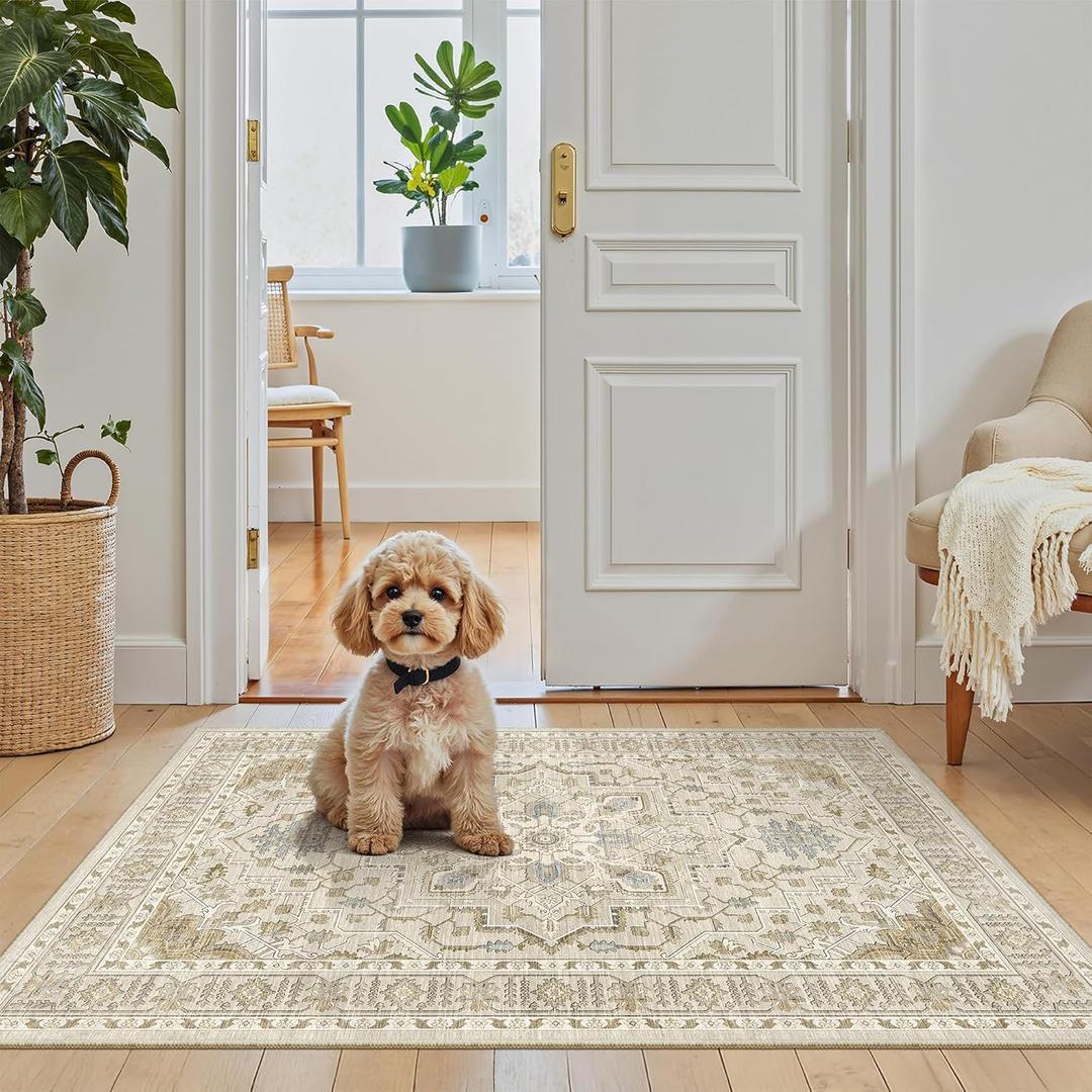 Madane Washable Area Rug 2x3, Small Entryway Rug Non-Slip Vintage Door Mat Indoor Entrance, Low Pile Floor Carpet for Inside Front Door Bedroom Kitchen Entry Laundry (2'x3', Beige/Blue)