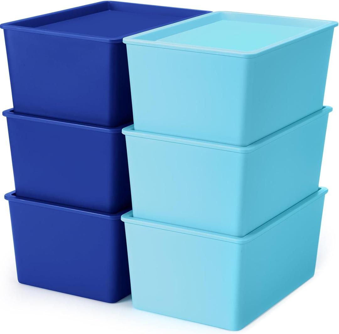 6 Pcs Storage Bins with Lids Small Plastic Storage Containers Stackable Storing Baskets Box for Organizing Shelves (Blue Series)