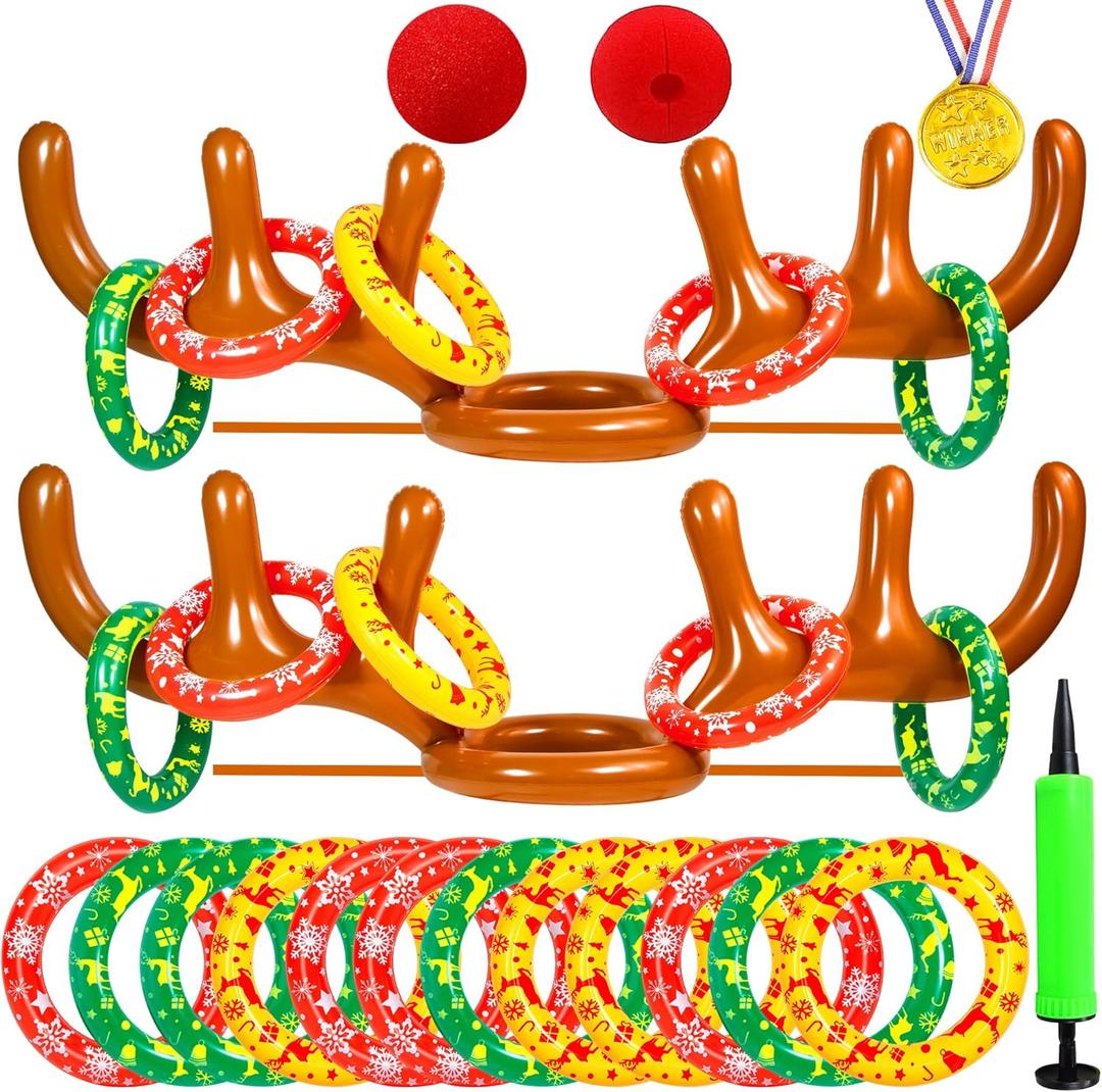 Hapdoop 2-4 Players Inflatable Reindeer Antler Ring Toss Game for Christmas Party - Game Rules Included (2 Antlers 10 Rings)